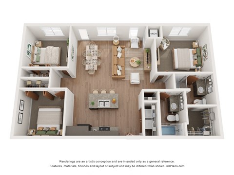 Floor plan for 3 beds, 2 baths, 1135 sqft